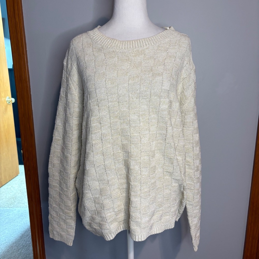 Sadie & Sage Cream Gold Metallic Checkerboard Knit Sweater Large